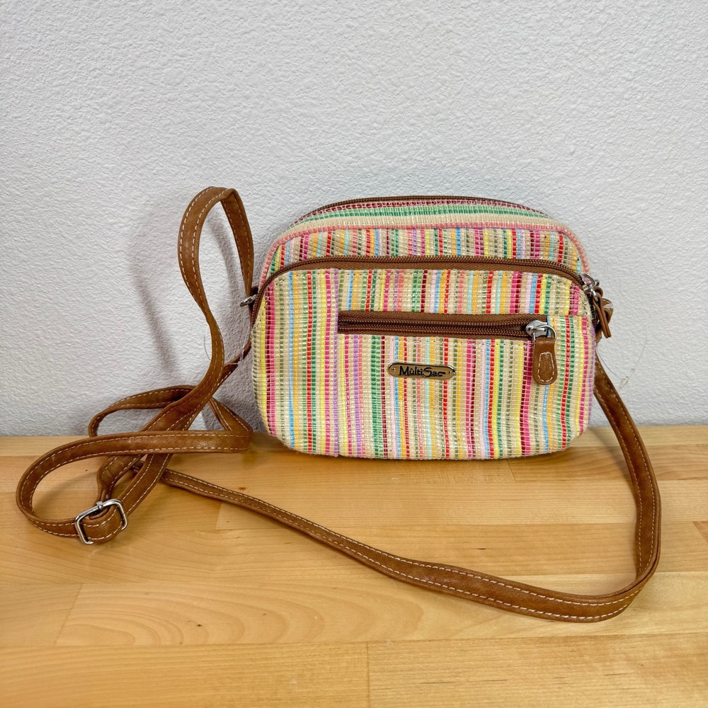 MultiSac Multi-Color Striped Woven Crossbody Bag Brown Adjustable Strap Small